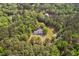 Aerial view of home among trees with water feature, showcasing the natural beauty and privacy of the property at 5950 Kelseys Mill Rd, Ravenel, SC 29470