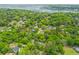 An aerial view showcasing a neighborhood with lush greenery, mature trees, and waterfront views at 1303 Teal Ave, Charleston, SC 29412