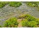 Aerial view highlighting lush greenery and waterfront access featuring marshes, creeks, and docks at 1303 Teal Ave, Charleston, SC 29412