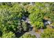Aerial shot of a private home surrounded by lush trees, featuring a backyard pool at 2988 Bolton Rd, Charleston, SC 29414