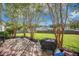 Spacious backyard with mature trees, a brick patio, and well-maintained lawn at 603 Curing Ct, Moncks Corner, SC 29461