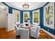 Inviting dining room with blue walls, wood floors, table with seating, and chandelier at 76 Radcliffe St, Charleston, SC 29403