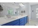 Beautiful bathroom featuring double sinks, a large mirror, and custom blue cabinetry at 8566 Royal Palm Ln, North Charleston, SC 29420