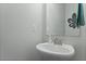 Stylish half bathroom with pedestal sink, decorative mirror, and soft gray walls at 8566 Royal Palm Ln, North Charleston, SC 29420