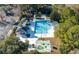 Aerial view of the community pool area with a pool, playground, clubhouse, and surrounding trees at 8642 W Fairway Woods Dr, North Charleston, SC 29420