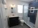 Bathroom featuring sleek vanity, a large shower with modern blue tiling and a glass enclosure at 870 Colony Dr # A6, Charleston, SC 29407