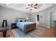 Inviting bedroom boasts hardwood floors, a ceiling fan, and a plush bed with stylish blue bedding at 118 Netherfield Dr, Summerville, SC 29486