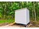 A small white shed sits on stilts in the forest and surrounded by lush vegetation at 1183 Guerins Bridge Rd, Awendaw, SC 29429