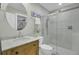 Updated bathroom features a stylish vanity, a round mirror, and a glass-enclosed shower at 1481 Battery Reynolds Ct, Charleston, SC 29412