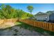 A backyard featuring a wooden fence, patches of grass, a gravel area, and trees in the background at 1865 Towne St, Johns Island, SC 29455