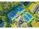 Aerial view of well-maintained community tennis courts surrounded by lush trees and landscaping at 3500 Maplewood Ln, Mount Pleasant, SC 29466