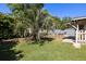 Landscaped backyard with palm tree, lawn, and fenced perimeter for privacy at 5907 Murray Dr, Hanahan, SC 29410