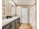 Bathroom features double sinks, modern fixtures, and wood-look floors, with a stylish shower curtain at 254 Nelson Farm Ln, Cross, SC 29436