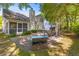 Backyard patio with a dining area, hot tub, lounge chairs, and landscaped yard surrounded by trees at 715 Majestic Oak Dr, Charleston, SC 29412
