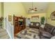 Comfortable living room showcasing vaulted ceilings, a ceiling fan, and plush seating at 8652 Grassy Oak Trl, North Charleston, SC 29420