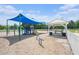 Community playground with a playset covered by a blue shade sail and picnic table at 117 Blue Bonnet St, Summerville, SC 29483