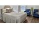 Inviting bedroom with bed, hardwood floors, and sitting area with blue chairs and a window view at 166 Braly Dr, Summerville, SC 29485