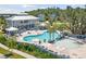 Overhead shot of the community pool, featuring many lounge chairs and shaded seating areas at 2815 Colonel Harrison Dr, Johns Island, SC 29455