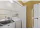 A compact laundry area features a washing machine, dryer, and storage, optimizing space in a convenient layout at 7935 Edgebrook Cir # 2202, North Charleston, SC 29418