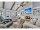 Cozy living room with a stone fireplace, wooden beams, and comfortable seating at 1245 Saddlehorn Rd, Summerville, SC 29486