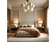This primary bedroom has elegant wallpaper accents and a decorative pendant lighting fixture at 134 Spring St, Charleston, SC 29403