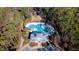 Aerial view of a uniquely shaped pool and surrounding green space within a wooded area at 1464 Stratton Pl, Mount Pleasant, SC 29466