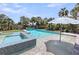 Lush backyard featuring a pool and hot tub with fountains, bordered by manicured lawn and mature palm trees at 2254 Beckenham Dr, Mount Pleasant, SC 29466