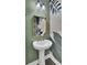 Stylish powder room with modern pedestal sink, decorative mirror, and artistic botanical-themed wallpaper at 3990 Hillyard St, North Charleston, SC 29405