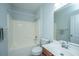 Neutral bathroom features a tub and shower combo, a single-sink vanity, and light blue paint at 5008 Bowles Dr, Summerville, SC 29485