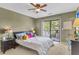 Bedroom with sliding glass doors to a balcony, neutral carpet, and modern ceiling fan at 565 Travelers Blvd, Summerville, SC 29485