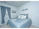 A bedroom with a comfortable blue bed, blue drapes, and stylish decor at 224 Hayworth Rd, Summerville, SC 29486