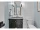 Well-lit powder room featuring a modern vanity, stylish lighting, and soothing blue accents at 2269 Hartfords Bluff Cir, Mount Pleasant, SC 29466