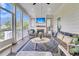 Relaxing screened porch featuring a fireplace, comfortable seating, and blue patterned rug at 2269 Hartfords Bluff Cir, Mount Pleasant, SC 29466