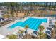 Aerial view of large community pool with lap lanes and toddler pool surrounded by lounge chairs and palm trees at 282 Great Lawn Dr, Summerville, SC 29486