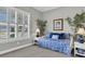 This bedroom features a bed with blue and white patterns and plantation shutters that let in natural light at 440 Four Seasons Blvd, Summerville, SC 29486