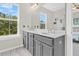 Bright bathroom boasts double vanity with gray cabinetry, gold hardware, and a large window with natural light at 4429 Avery Ave, North Charleston, SC 29405