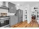 Modern kitchen with stainless steel appliances, gray cabinets, and wood floors at 71 Cypress St, Charleston, SC 29403