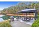 Outdoor amenity with seating, tables, and lake views in common area of the community at 1300 Park West Blvd # 215, Mount Pleasant, SC 29466