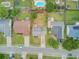 Aerial view of home and neighborhood highlighting backyard, pool and mature trees at 137 Cotillion Cres, Summerville, SC 29483