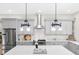 Modern kitchen boasts stainless steel appliances, gray cabinets, marble counter tops and stylish pendant lights at 2159 Parkway Dr, Charleston, SC 29412