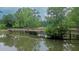A serene pond view featuring a wooden bridge and lush greenery at 228 Dogwood Trl, Harleyville, SC 29448