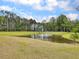 Scenic pond with water fountain surrounded by dense forest and an open grassy lawn at 244 Wild Strawberry Ln, Moncks Corner, SC 29461
