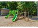 A green playground with slides, climbing area, and benches sits in a wooded area with a protective mulch surface at 3025 Buckeley Cir, Charleston, SC 29414