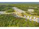 Aerial view of blue home nestled in a neighborhood with a backdrop of lush, mature trees at 307 Theus Pl, Huger, SC 29450