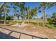 Beautiful backyard featuring palm trees and Adirondack chairs set up around a fire pit near marsh at 123 Jungle Rd, Edisto Island, SC 29438