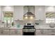 Close up of the kitchen showcases modern cabinets, subway tile backsplash, and stainless steel range at 203 Red Fox Run, Summerville, SC 29485