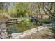 Picturesque backyard pond with a stone border, small waterfall, bridge, and lush greenery at 2138 Clayton St, Charleston, SC 29414