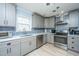 A view of the kitchen featuring gray cabinets, stainless steel appliances, and stylish backsplash at 312 Lake Moultrie Dr, Bonneau, SC 29431