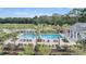 Stunning aerial view of the community pool, surrounded by palm trees, lounge chairs, and a scenic pond at 333 O'Leary Circle, Summerville, SC 29483