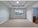 Bedroom with trey ceiling, a ceiling fan, a window and wallpaper accent wall at 4209 Climbing Tree Ct, Charleston, SC 29414